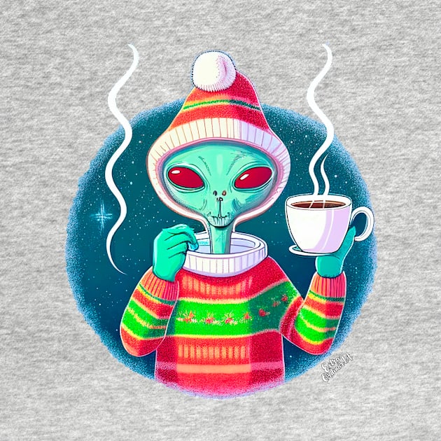 Christmas Funny Alien Drinking Coffee Wearing Sweater by extraordinar-ia